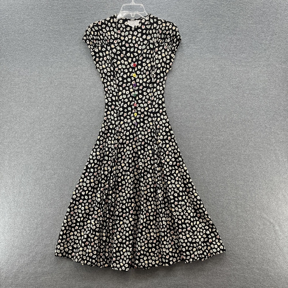 VTG 90s Ann Taylor Dress 6 Black Floral Retro Rockabilly Fit Flare Flowy Midi